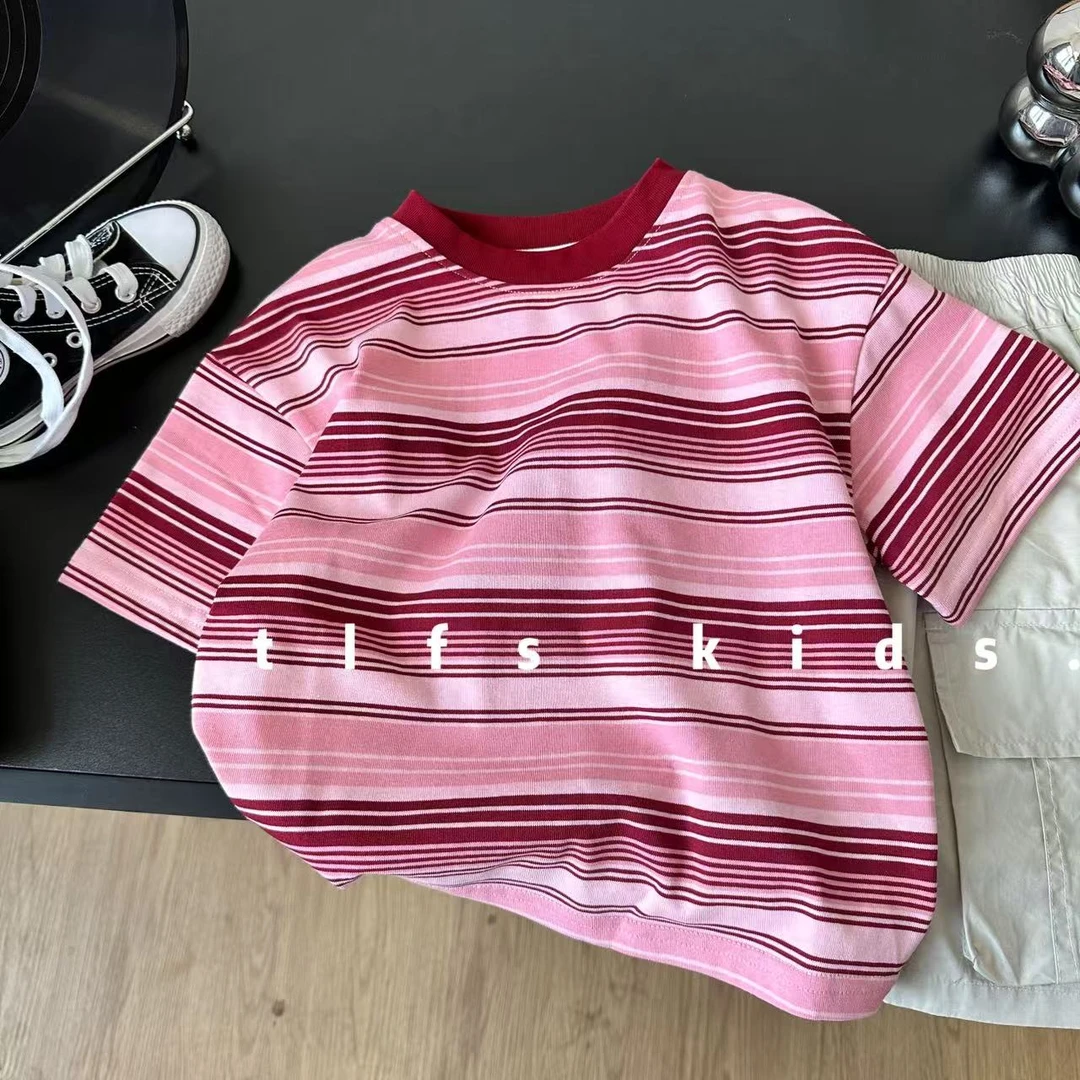 童例「25182粉色条纹短袖T恤」夏季儿童透气亲肤男童女童圆领潮流软