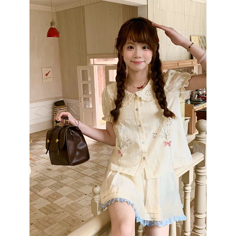 【清仓】sinsingirl 夏日序曲 米粒绣衬衫套装  甜美可爱学院风