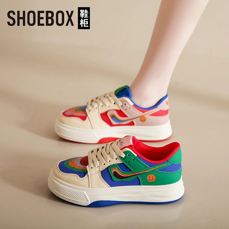 SHOEBOX鞋柜新款拼色休闲板鞋女2025四季百搭高颜值休闲小白鞋