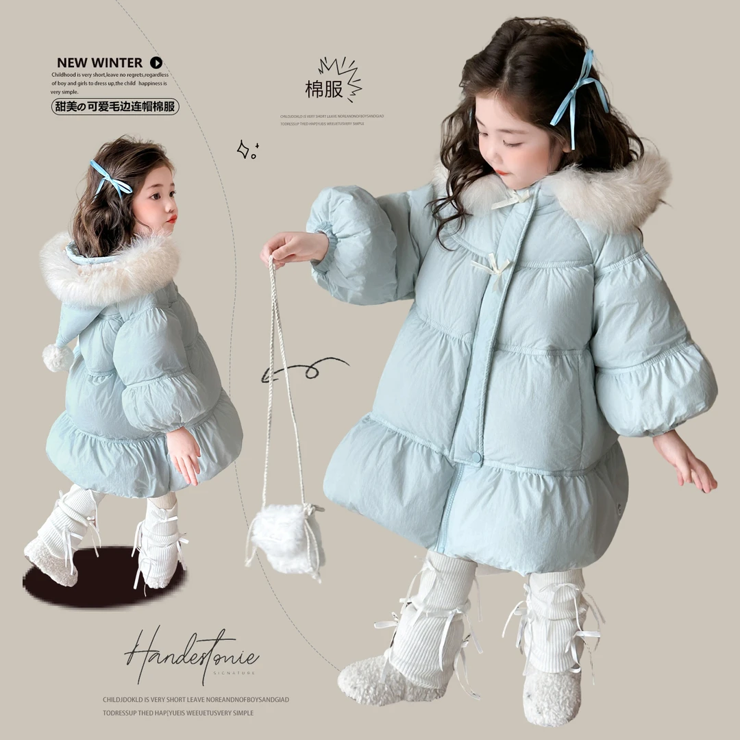 女童棉服冬装中长款儿童洋气加厚毛领棉衣女孩公主精灵帽外套女宝