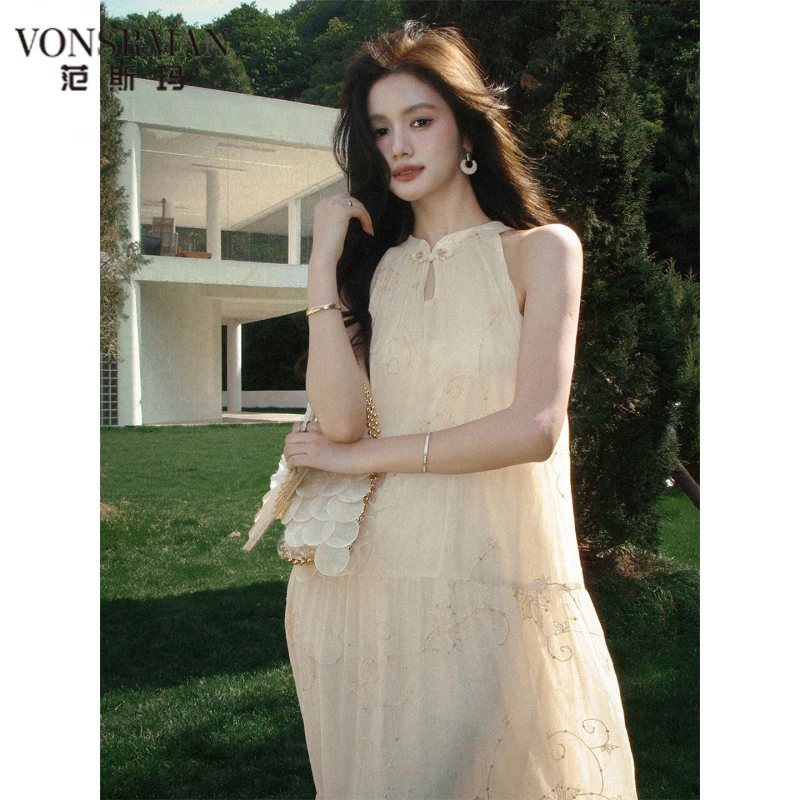 2025新款时尚气质 仙气风重工亮片绣花荷叶中袖裙女夏飘 VONSRMAN