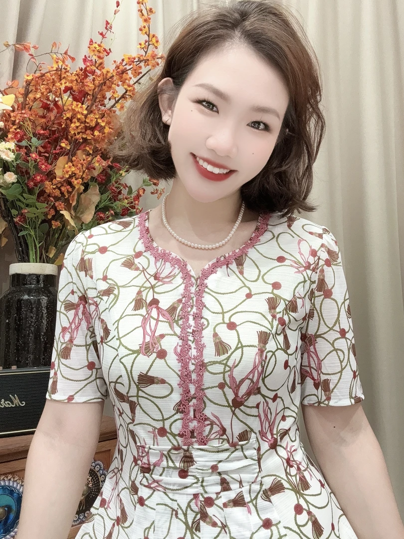S 1615#质感修身印花显瘦优雅妈妈装时尚连衣裙