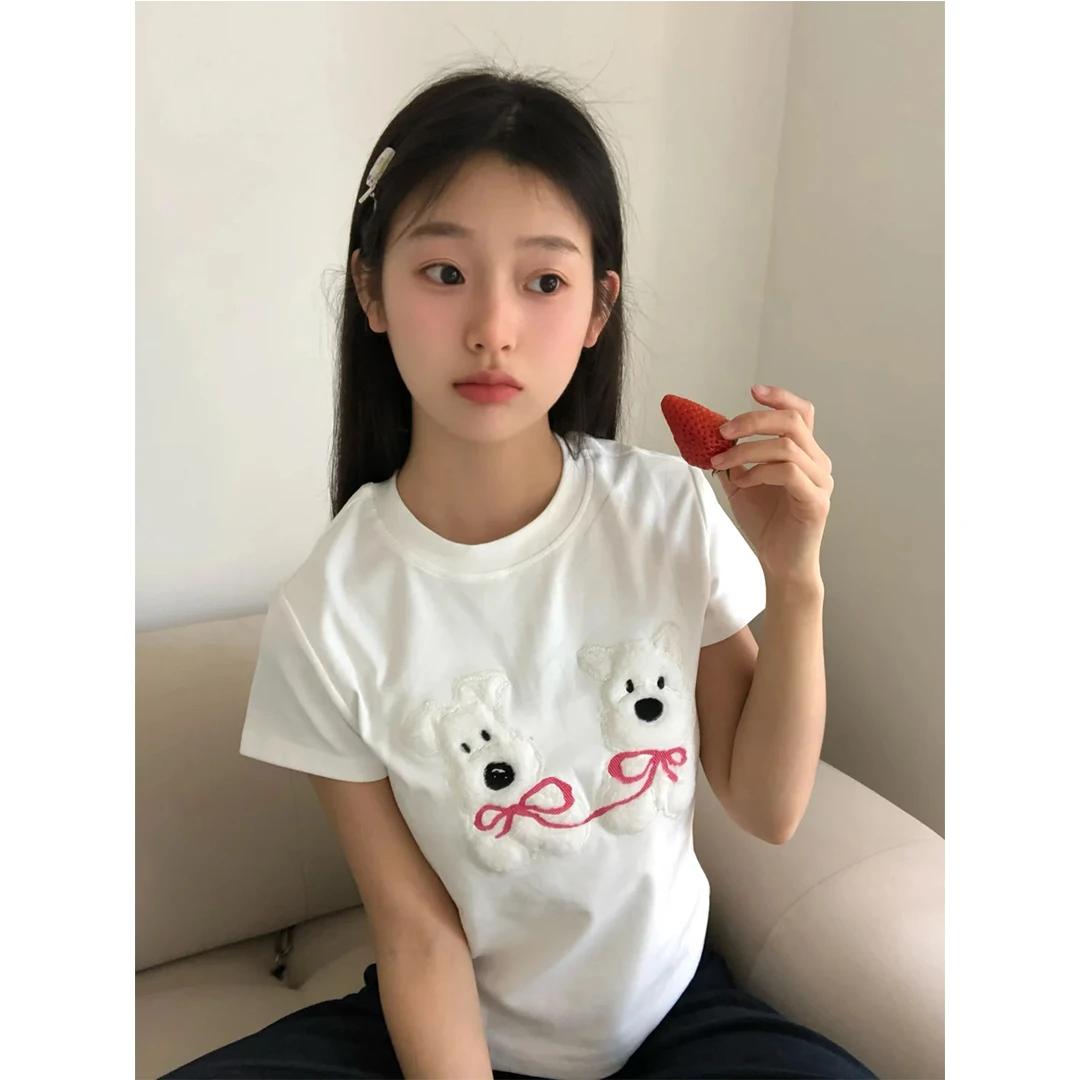 新款夏季穿搭修身显瘦正肩短袖t恤女新款贴布绣甜辣妹卡通设计感