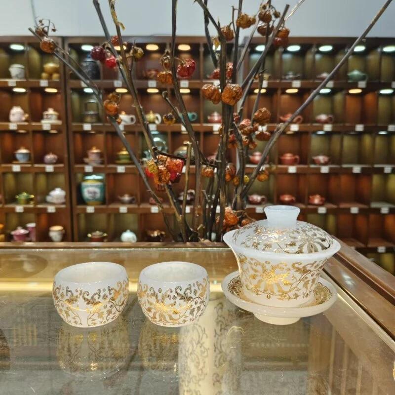 瓷韵优品 纯白琉璃缠枝莲盖碗一盖两杯小套装功夫茶具-2184