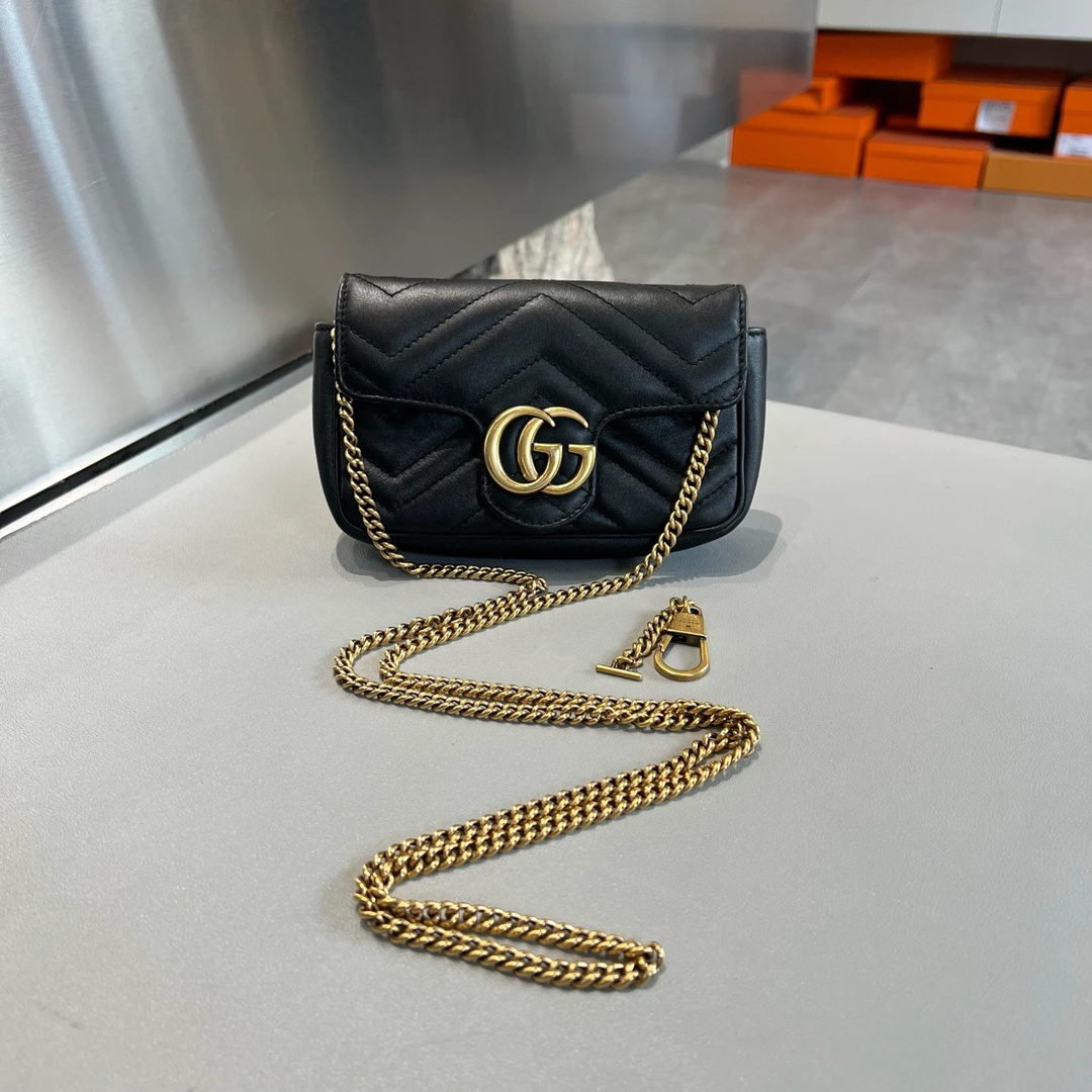 95新 GUCCI/古驰 黑金超mini链条包单肩斜挎包