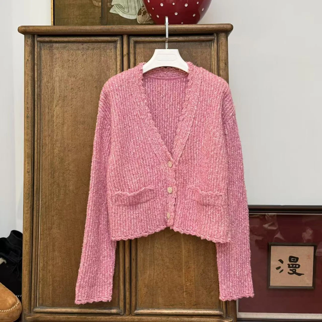 MYL2025年春季新款羊驼毛混纺针织开衫花边V领粉色针织开衫