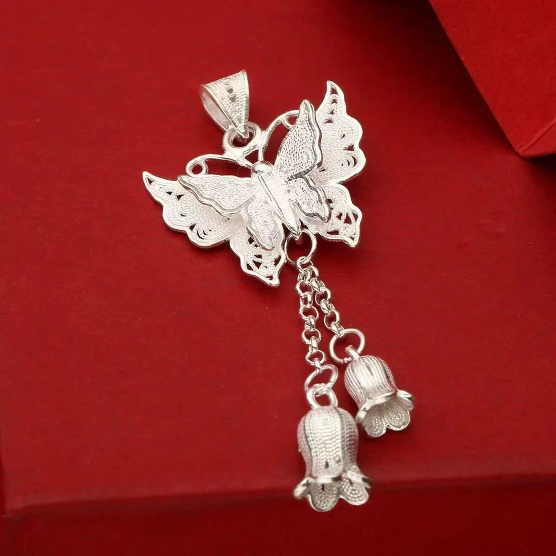 吊坠足银 时尚复古民族风坠链蝴蝶铃兰花吊坠