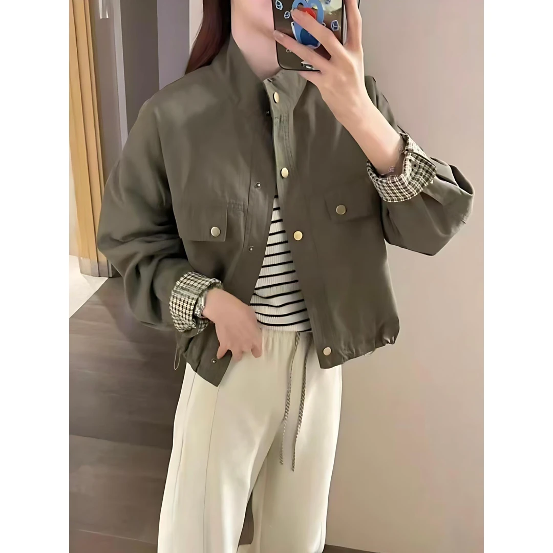 立领短款外套女2025秋装新款小个子时尚百搭休闲宽松显瘦夹克上衣