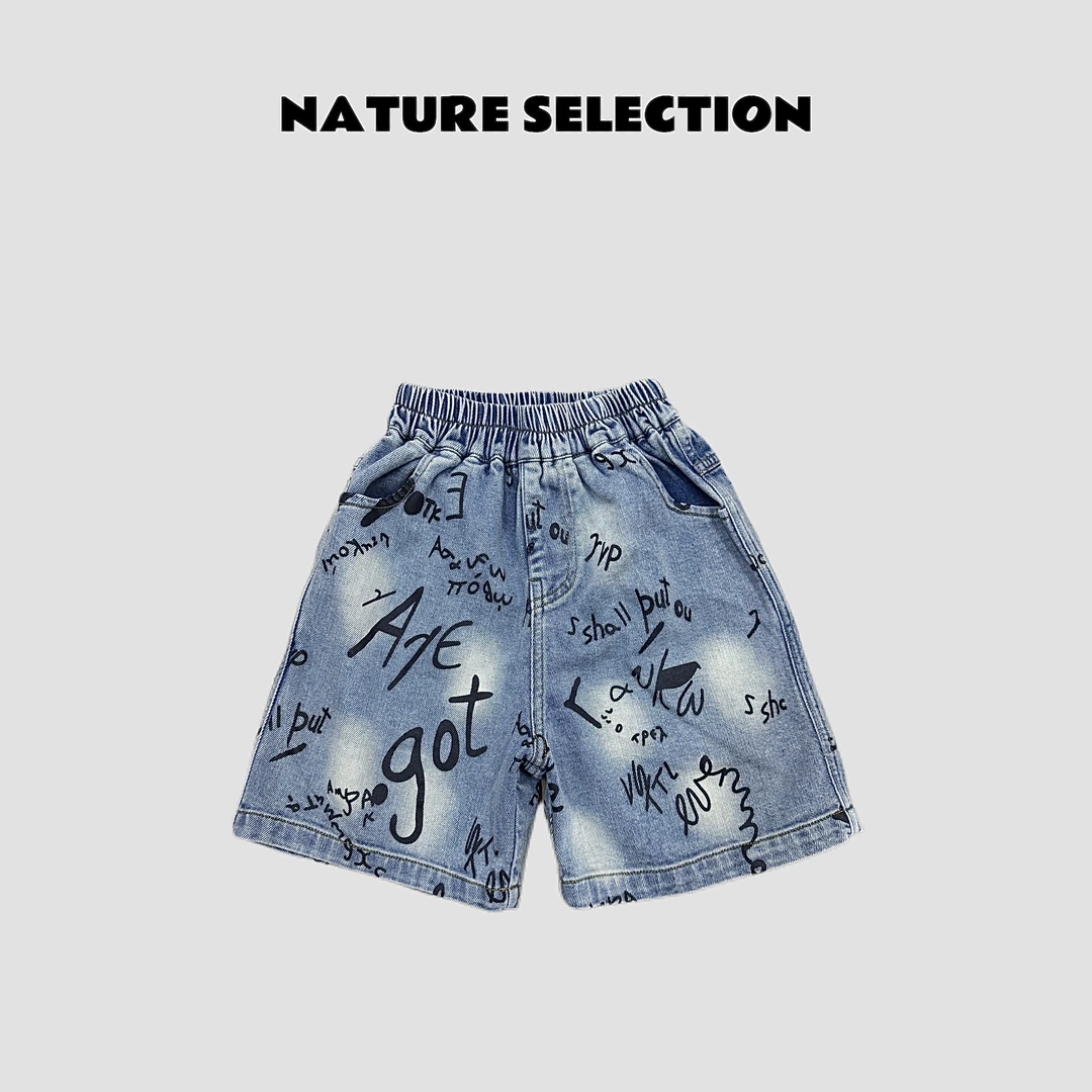 2025夏季儿童品牌透气吸汗儿童印花过膝牛仔裤