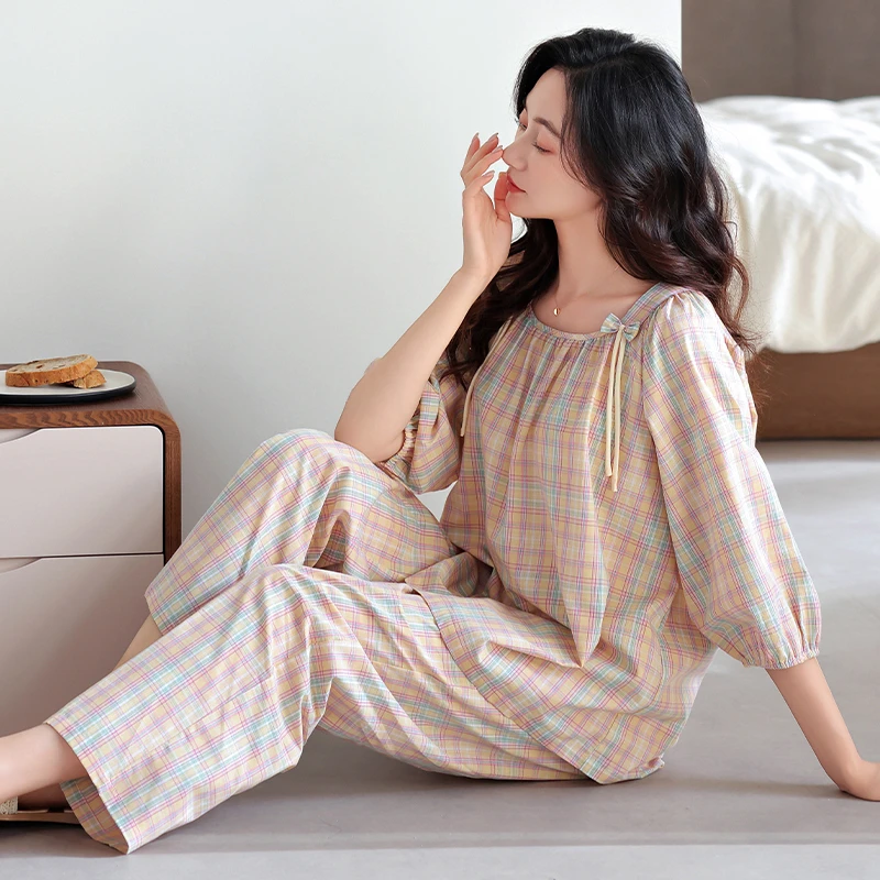 睡衣女士春秋款夏季七分袖九分裤薄款纯棉家居服可外穿全棉套装