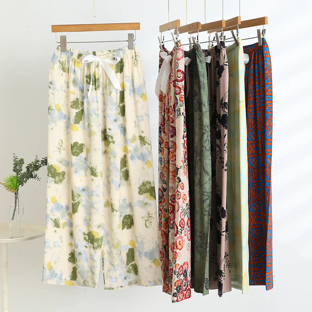 夏季外穿棉绸长裤薄款宽松大码年轻人阔腿裤休闲裤女冰凉居家睡裤