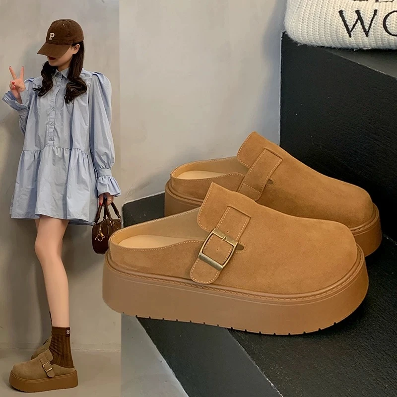 复古勃肯鞋女外穿2025年秋冬新款厚底加绒一脚蹬无后跟包头半拖鞋