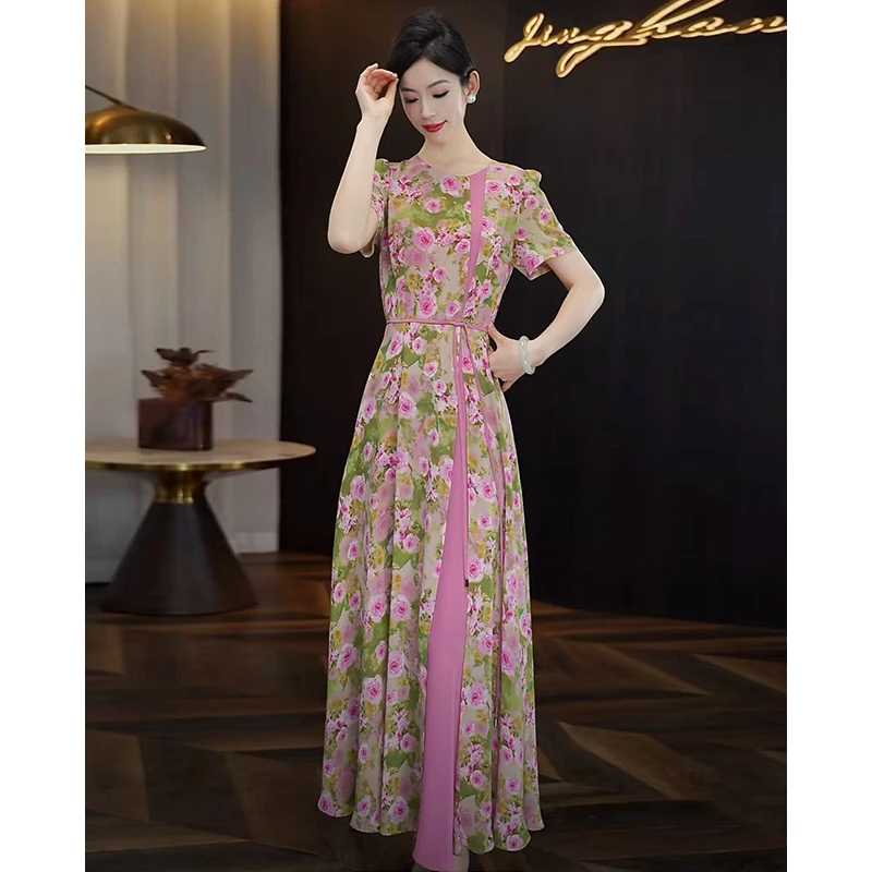 印花连衣裙女2025夏季新款修身显瘦气质大摆长裙拼接高级感裙子