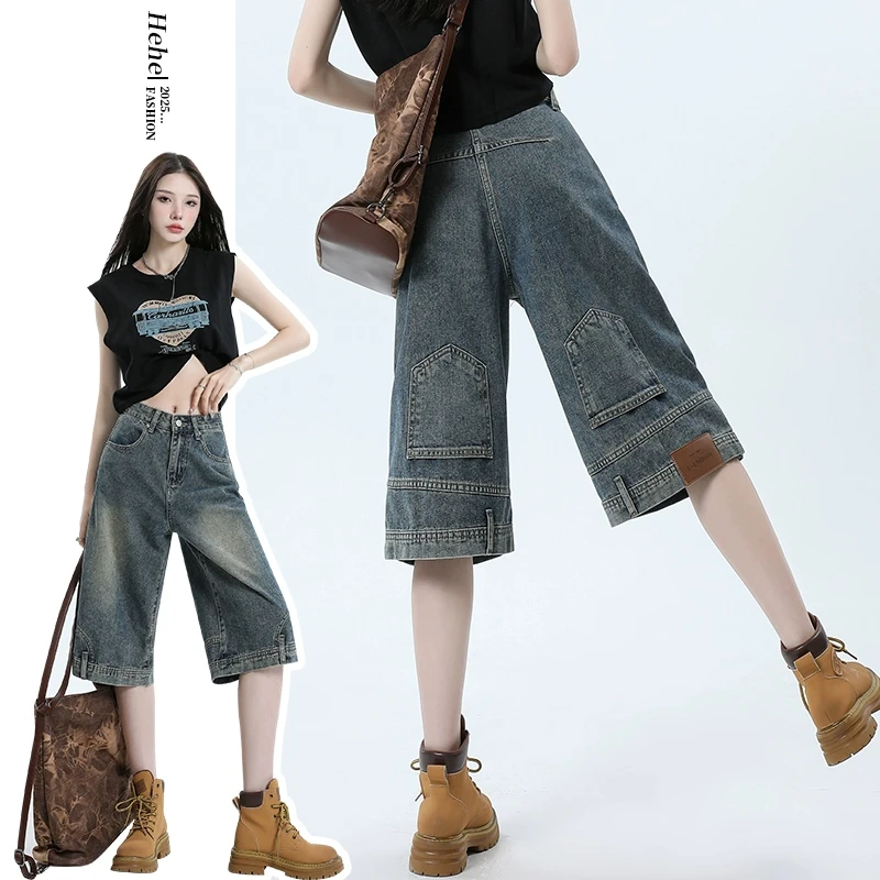 Yeuco夏季薄款倒装反穿牛仔裤女小个子半裤中短裤美式过膝六分裤