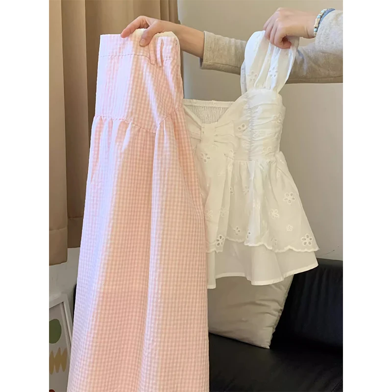 夏日穿搭一整套减龄吊带上衣女夏季新款粉色格子A字半身裙两件套
