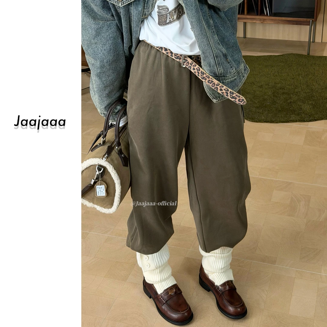 Jaajaaa东京初雪 简约纯色直筒百搭显瘦抽绳松紧腰休闲长裤/FHAF