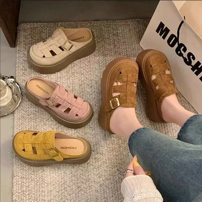 网红多巴胺包头半拖厚底勃肯鞋女2025新款增高镂空罗马凉拖鞋