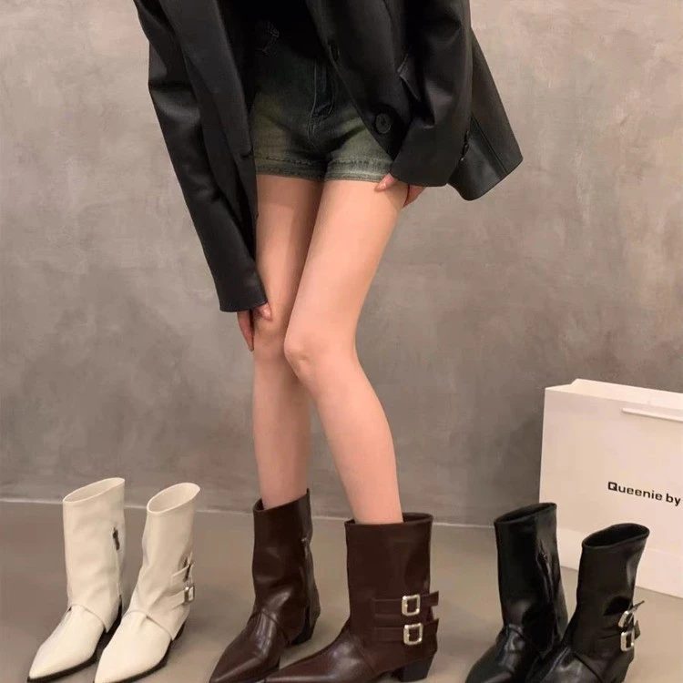 尖头高跟棕色小短靴女鞋2025新款单靴复古皮带扣中筒裤管靴子