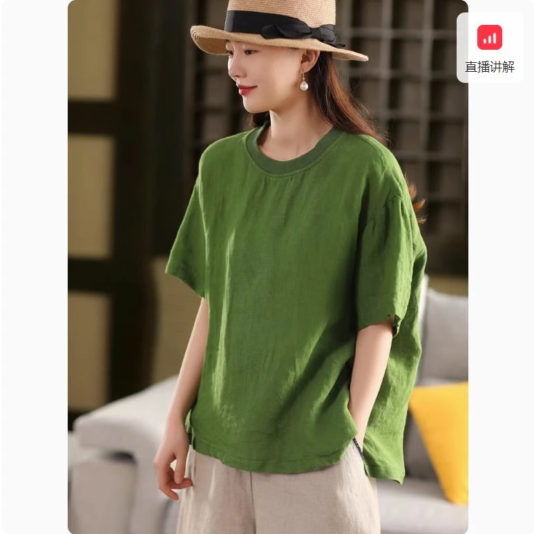 纯色复古棉麻上衣女大码女装夏季拼接螺纹圆领短袖衫休闲套头T恤