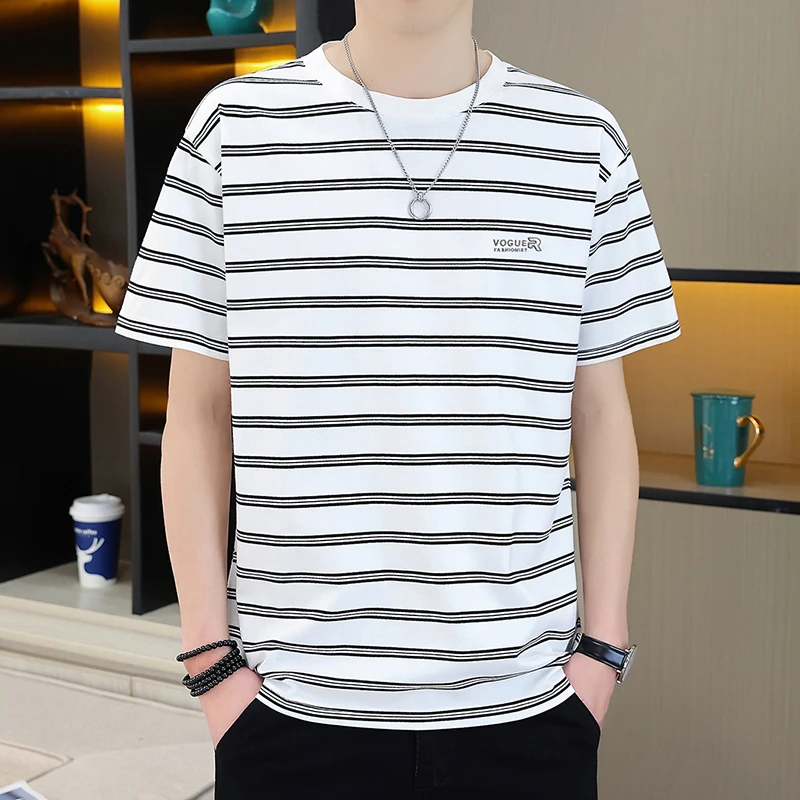 夏季男士高档圆领潮流宽松条纹半袖休闲时尚2025薄款新款上衣夏装
