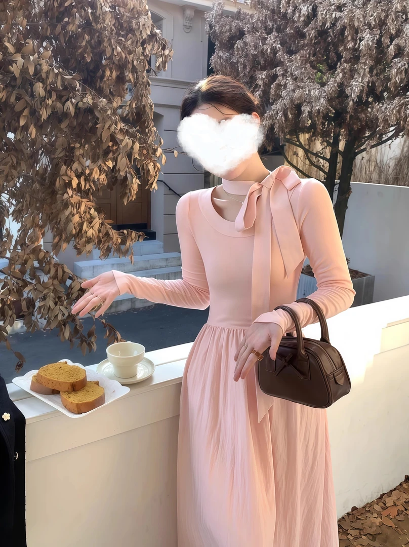 韩系穿搭一整套女秋季设计感小众蝴蝶结长袖气质高腰显瘦连衣裙