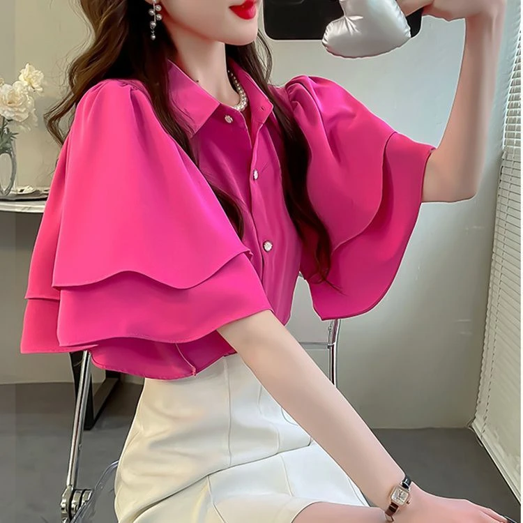 法式名媛夏季宽松衬衫女上衣新款纯色仙气荷叶边宽松显瘦短袖衬衣