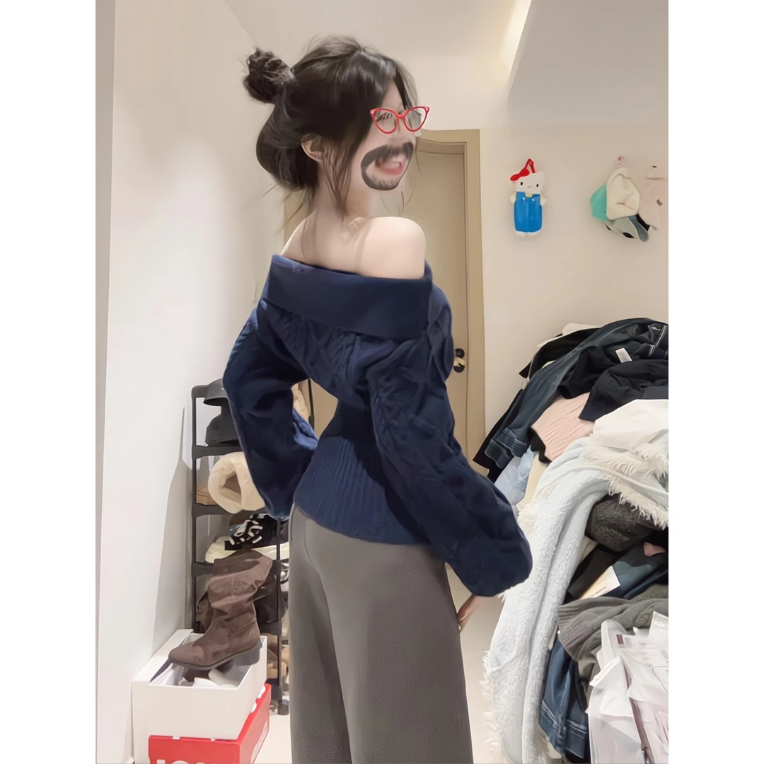 法式绝美藏青色一字肩露肩毛衣挂脖针织衫收腰上衣休闲裤女阔腿裤