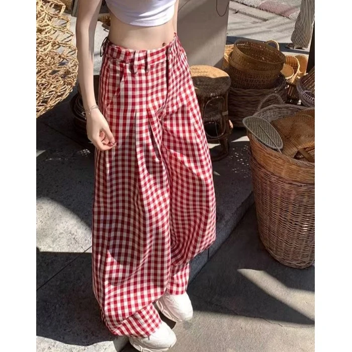 红色格子阔腿休闲裤女2025夏季新款懒松弛感时尚宽松显瘦拖地长裤