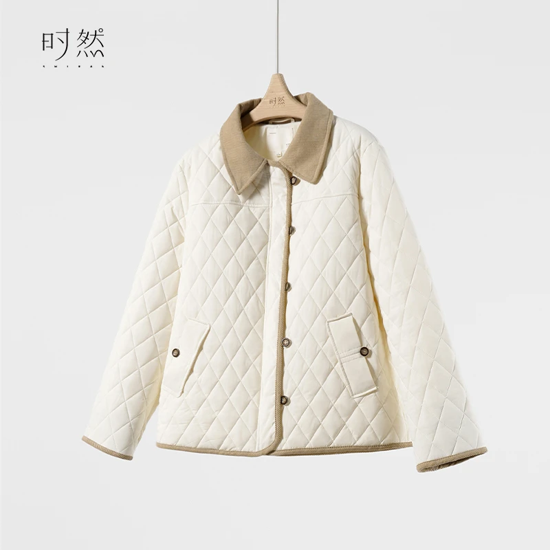 时然微胖大码女装冬季新款拼接格子韩系简约保暖百搭显瘦棉服
