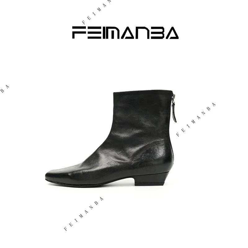 FEIMANBA 小方头马皮搽色做旧短靴女