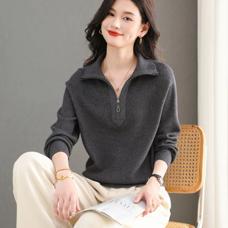 半拉链翻领毛衣女秋冬新款宽松保暖内搭上衣高级感羊毛针织打底衫