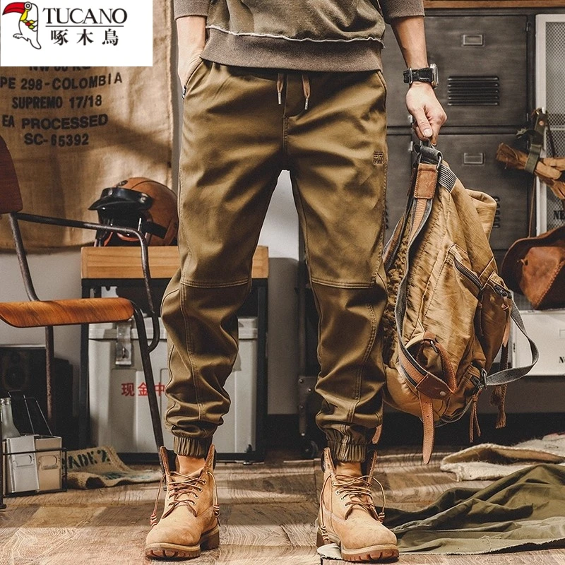 啄木鸟美式复古工装裤秋冬2025新款宽松大码卡其色秋季束脚休闲裤