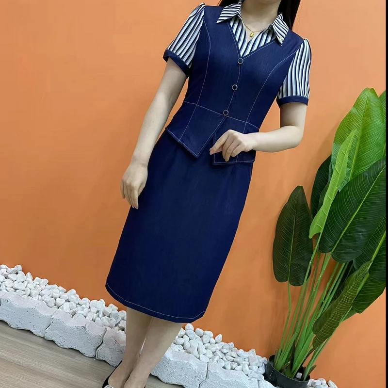 夏季短袖精品妈妈装中长款水洗软牛仔连衣裙显瘦