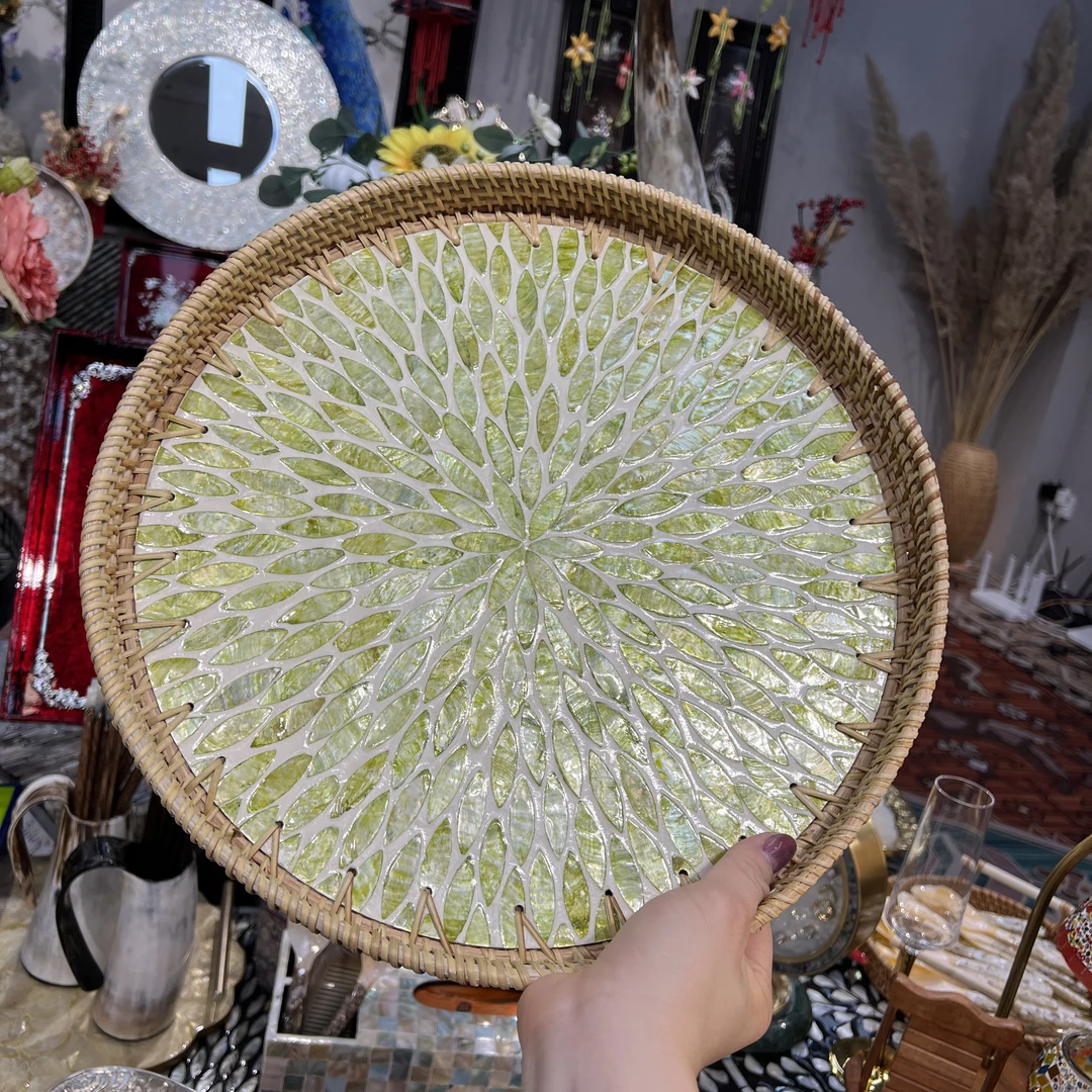 KA买一越南藤编【绿色水蓝调】款水果盘直径35cm送小号正方形满天星