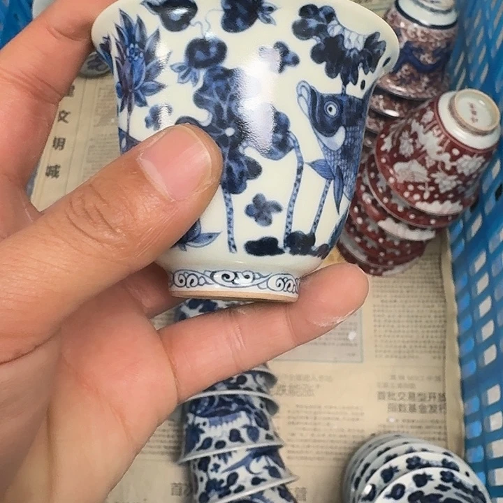 杯青花鱼藻纹铃铛杯微瑕