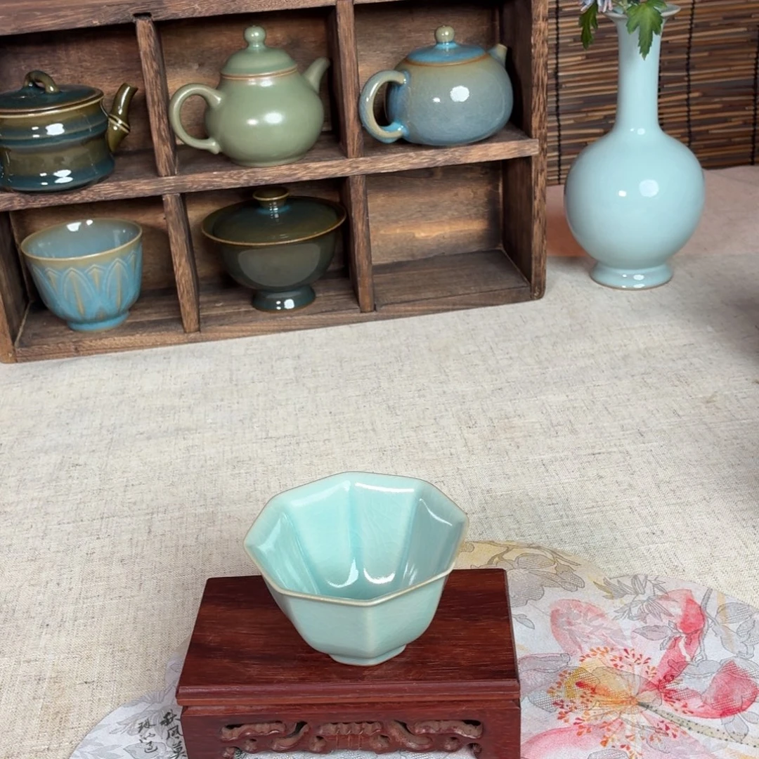 摆件陶仿古天青八方杯