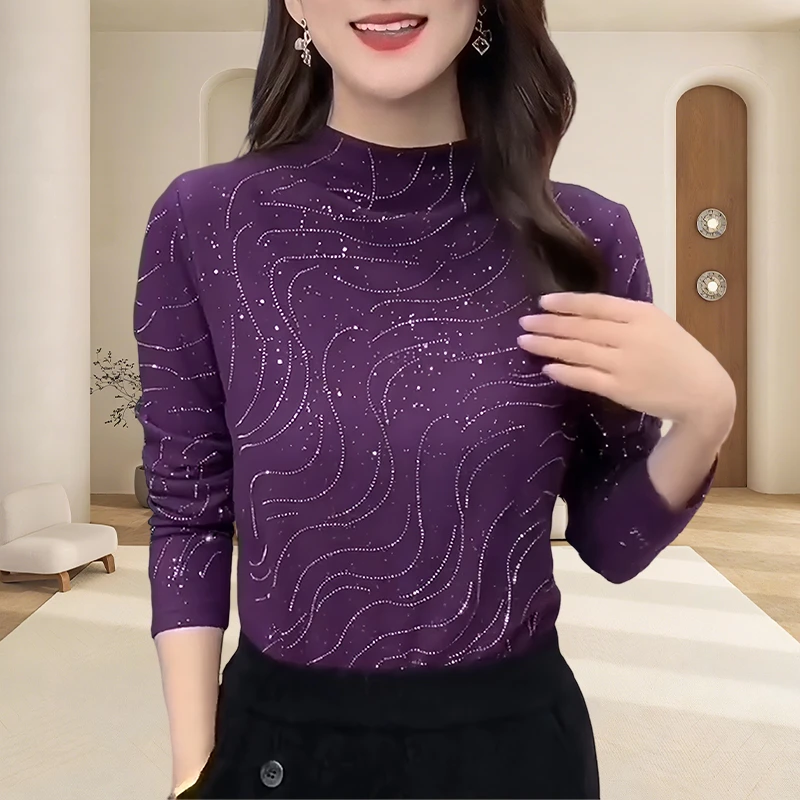 老钱风时髦慵懒气质保暖内搭打底衫洋气紫色烫钻小个子长袖t恤女