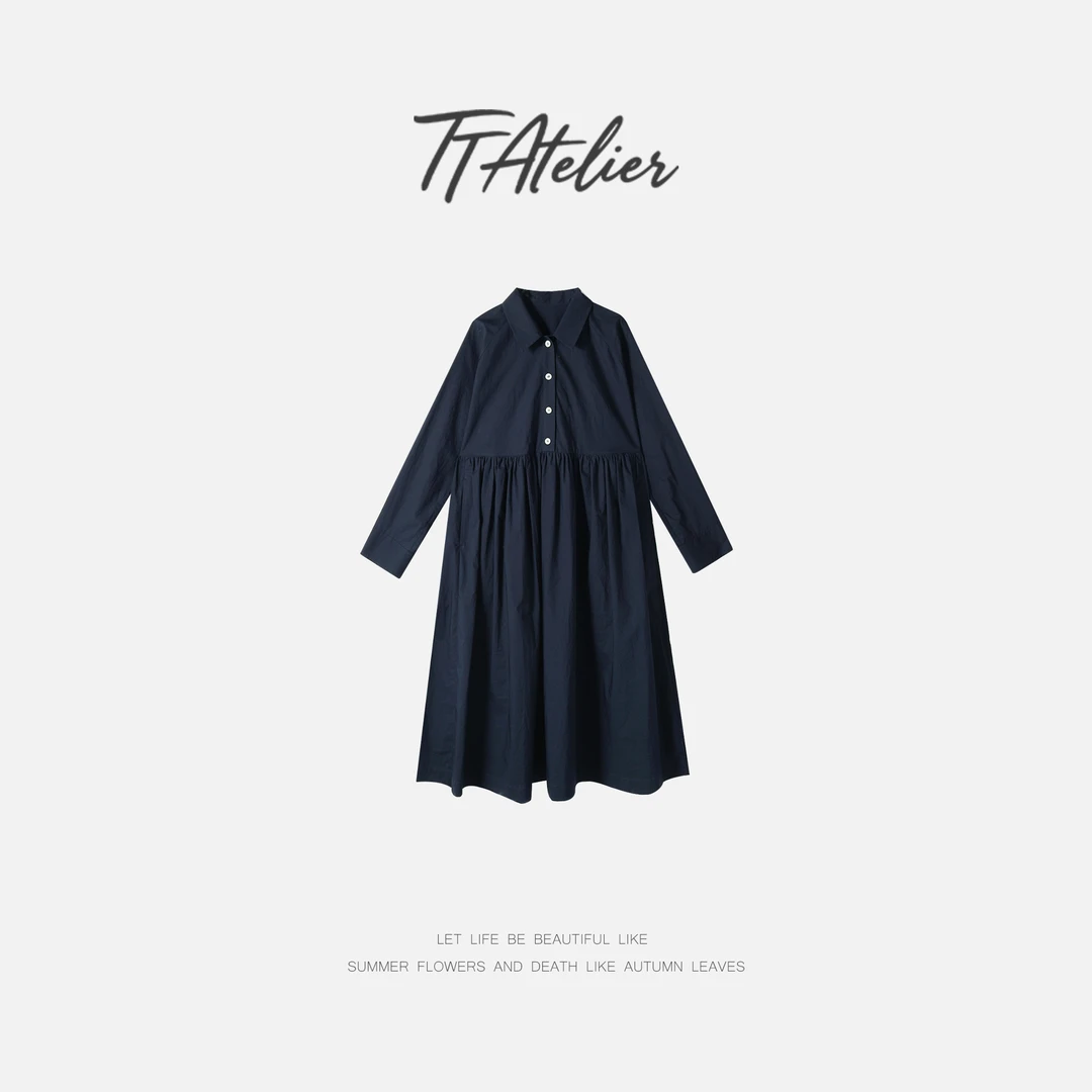 TT设计师【玉青瓷】日系复古感自然纹理感纯棉衬衫连衣裙TT190904