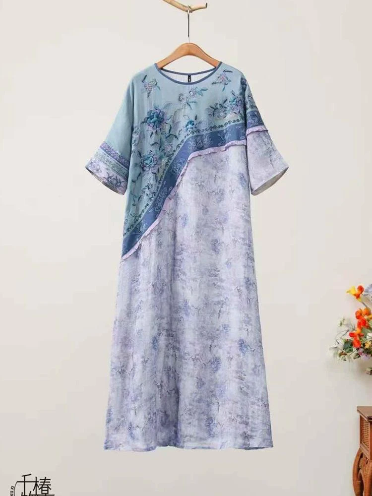 【落樱】原创新中式复古国风刺绣气质圆领中袖晕染纯苎麻连衣裙长裙