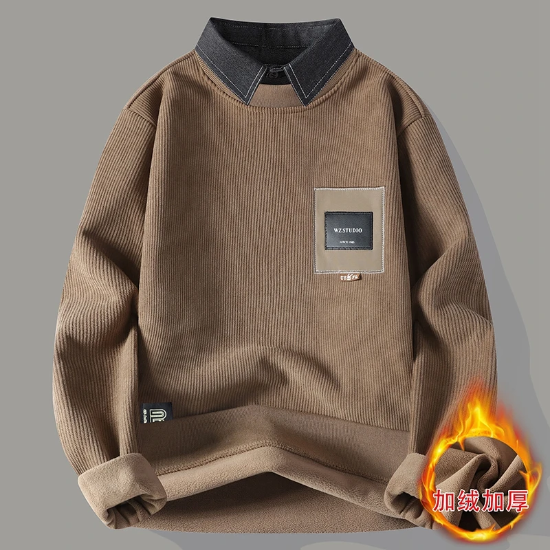 冬季加绒毛衣男潮牌一体绒针织衫潮流假两件加厚衬衫领打底衫青年