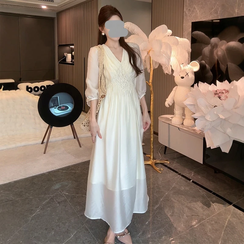 显瘦拼接女连衣裙过膝长裙温柔风2025法式v领麻花夏季宽松气质