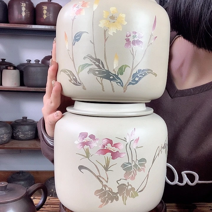 罐微瑕精磨手工彩填醒茶罐一对