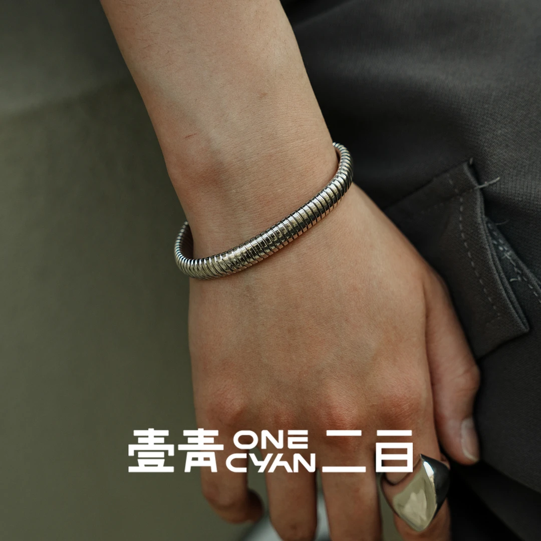 925银手链 《银皮筋》纯银科技百搭做旧弹力皮筋手链简约男款