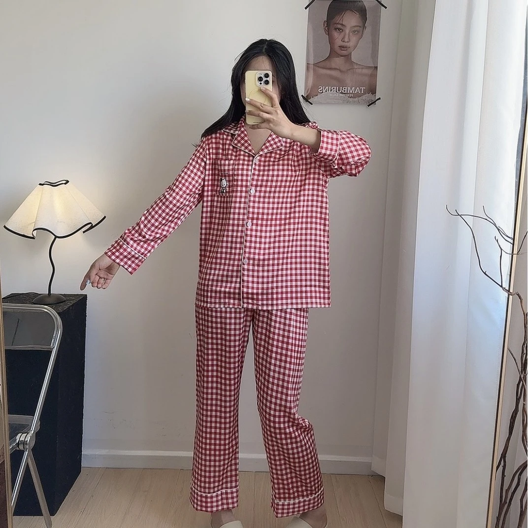 RUIY格子kitty春季新款双长翻领卡通高级感舒适套装睡衣可外穿