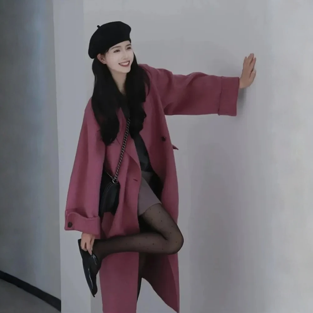 老钱千金感气质慵懒风复古外套女春秋显瘦树莓色双面毛呢大衣女潮
