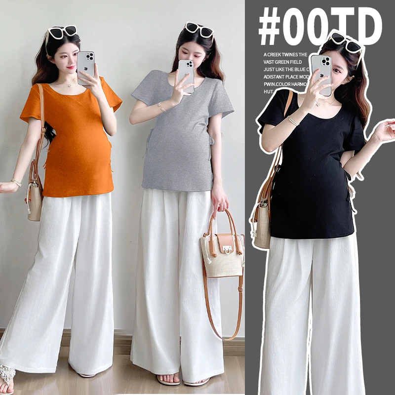 孕妇装夏季韩版时尚款新品洋气减龄短袖方领针织T恤抽褶收腰上衣