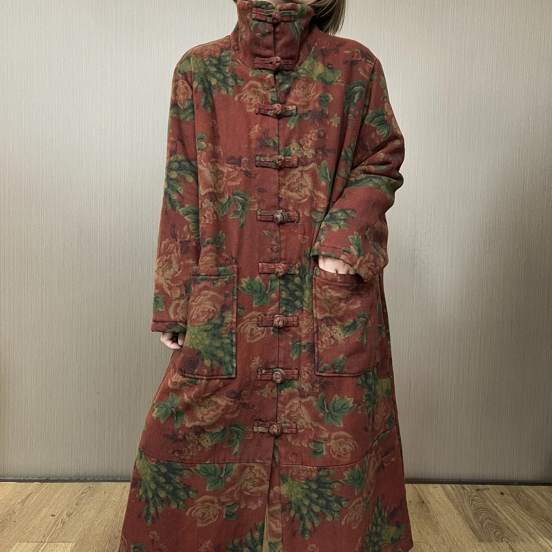 冬季新款K5229炒色做旧复古加厚立领盘扣长款气质保暖休闲棉衣