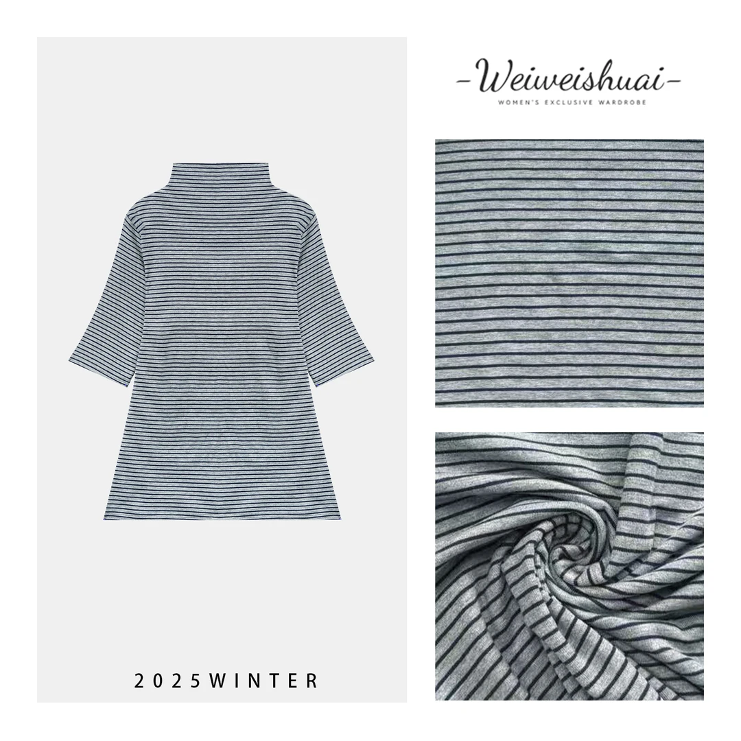 【工作微姐】初秋常规款女士半高领条纹打底T恤3171