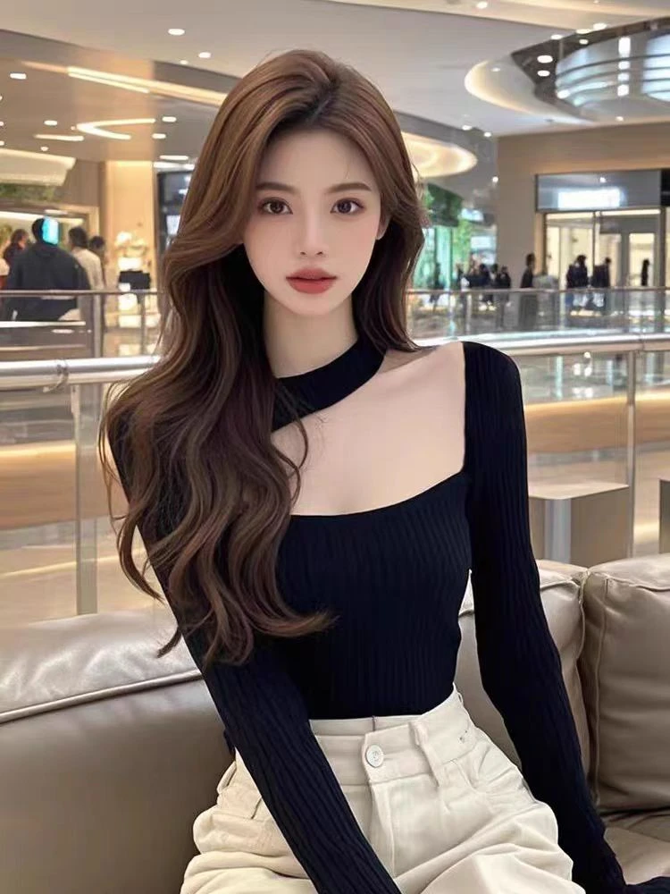 秋冬性感甜辣妹方领挂脖修身针织打底衫女内搭设计感小众长袖上衣