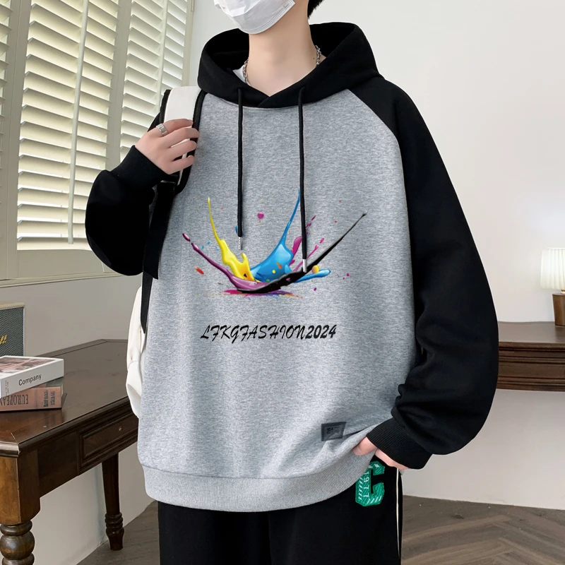 春秋季新款男生长袖打底上衣宽松青少年百搭潮流印花休闲连帽卫衣